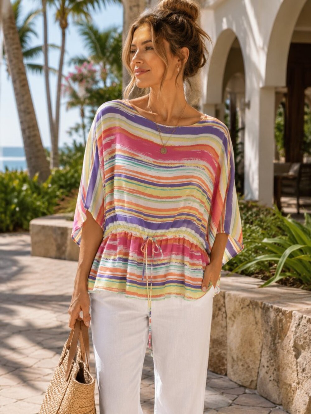Chaps‎ Multicolor Rainbow Stripe Dolman Sleeve Blouse Drawstring Waist Sz L 1195